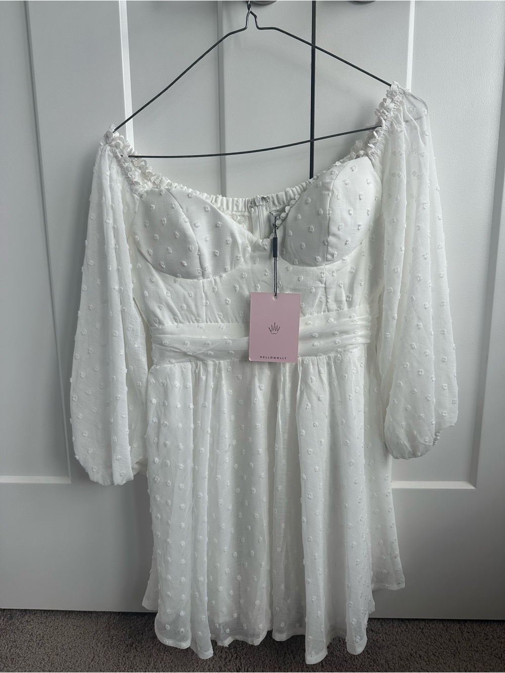 Hello Molly White Dot Puff Sleeve Mini Dress